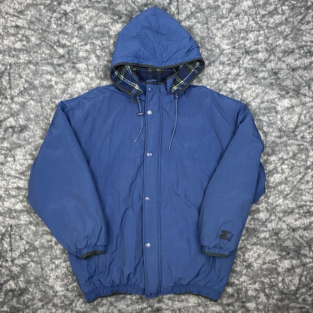 Vintage Starter Plaid Lined Jacket Mens Size XL Blue Embroidered Logo Zip Hooded